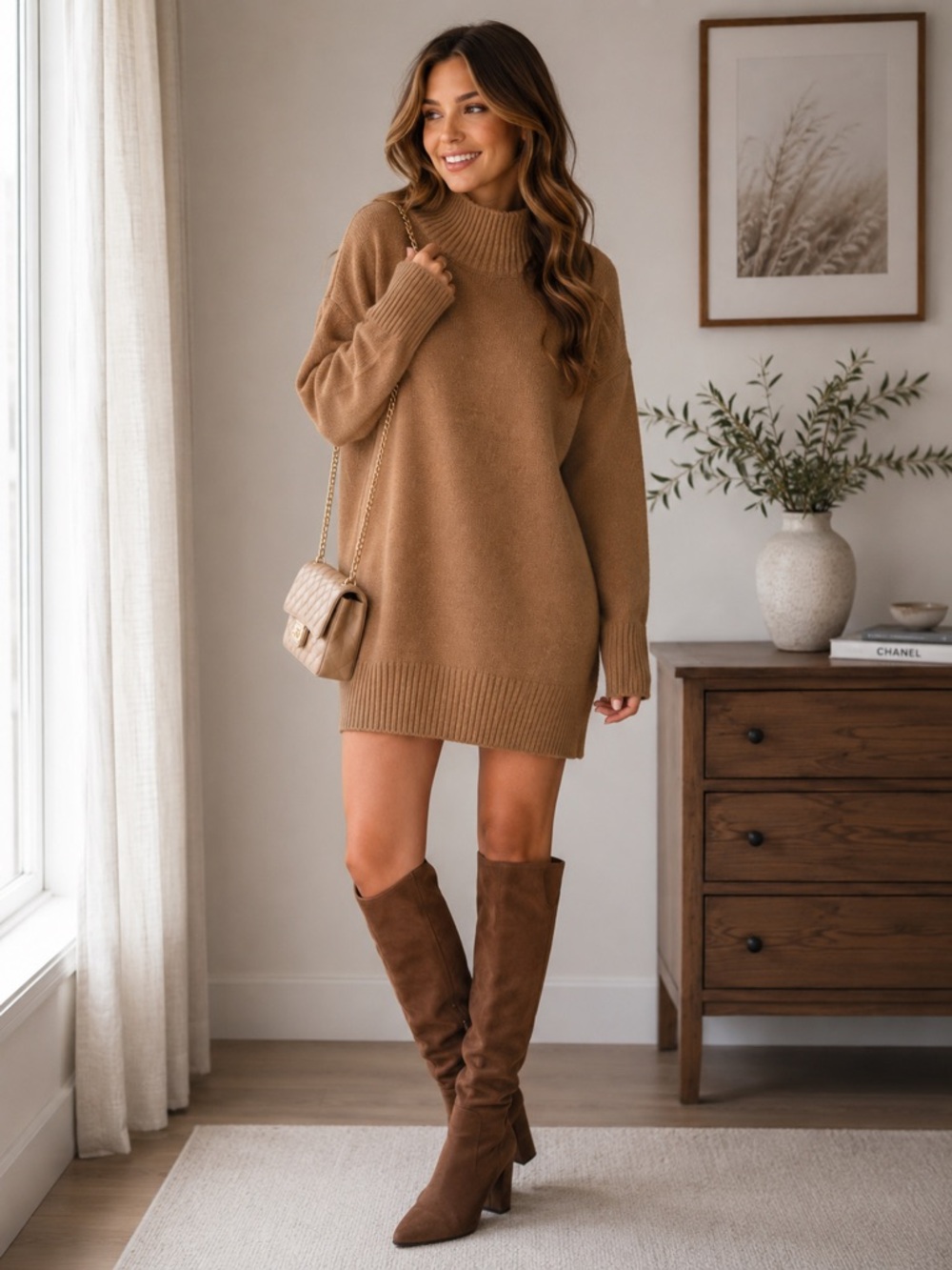 Zenana Sweater Dress Size Large Camel Mock Neck Oversized Cozy Knit Fall Winter